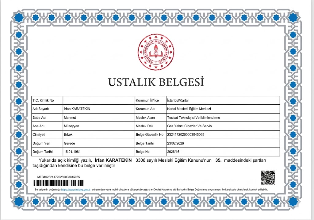 Tekin Su Tesisat Ustalık Belgesi - Çalışma ve İş Kurumu Onaylı